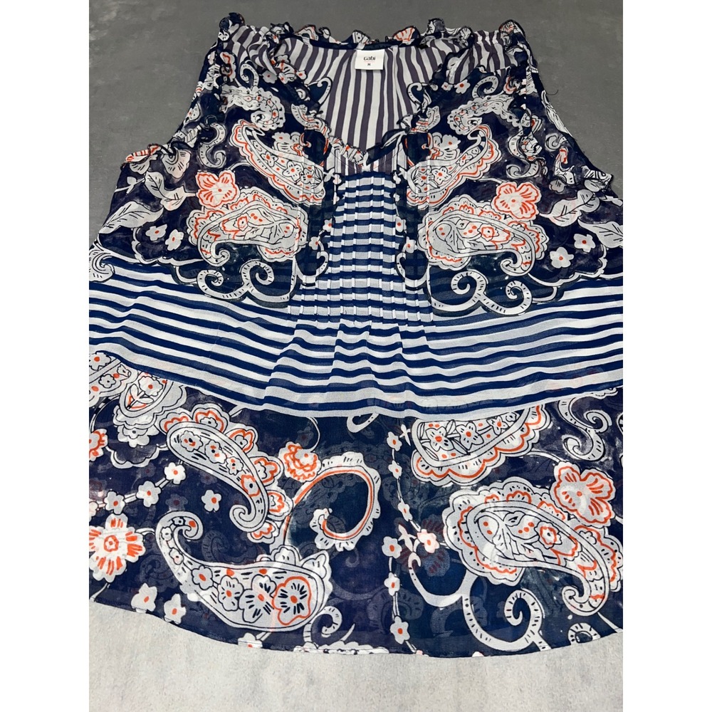 Cabi Navy Blue Orange Paisley Striped Ruffle Pintuck Sleeveless Blouse Medium